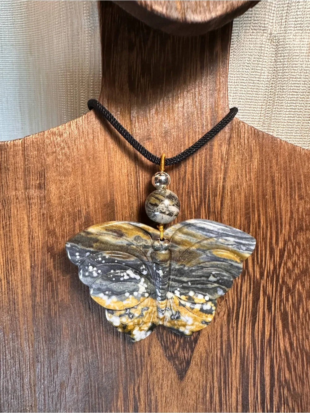 Handcrafted Ocean Jasper Butterfly Pendant Necklace-Green & Gold on Black Rope